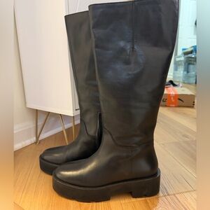 MANGO NEW Black Leather Women's Knee-High Boots